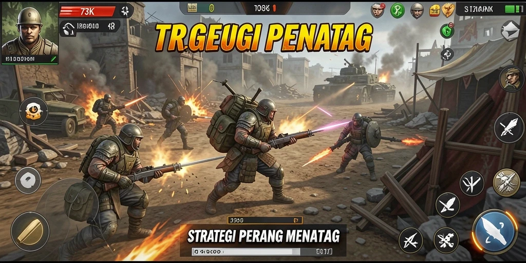 Tampilan gameplay intens di 73K dengan strategi dan pertempuran.