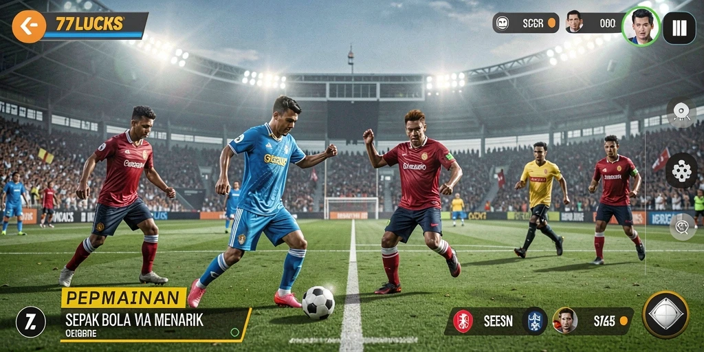 Tampilan gameplay menarik dari 77LUCKS dengan aksi sepak bola seru.