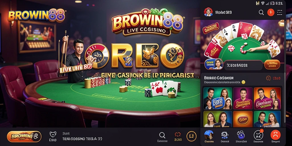Screenshot gameplay BROWIN88 yang menunjukkan dealer langsung dan suasana permainan.