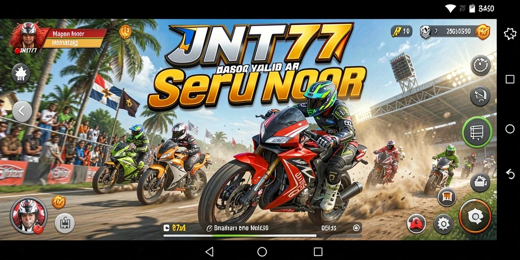 Tangkapan layar menampilkan aksi balapan motor yang menegangkan dan seru.
