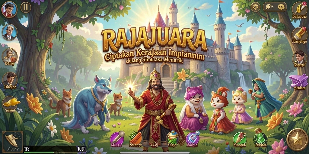 Screenshot utama RAJAJUARA menampilkan gameplay seru dalam simulasi kerajaan.
