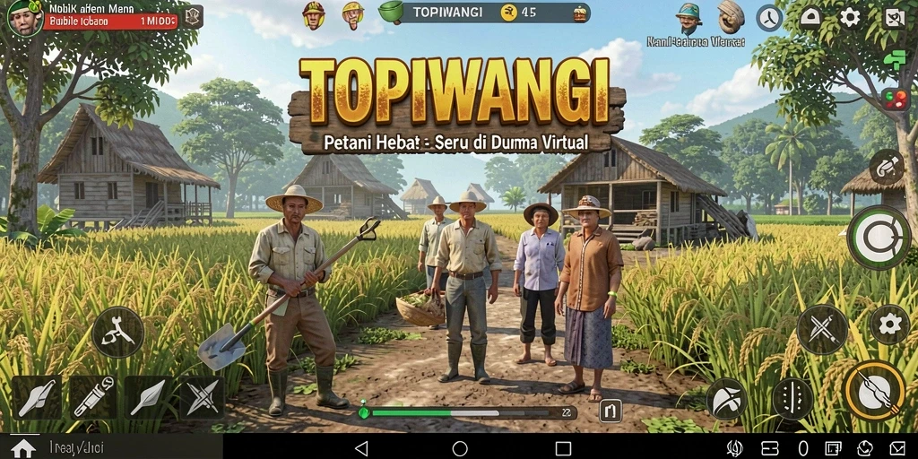 Screenshot utama gameplay <strong>TOPIWANGI</strong> menunjukkan aktivitas bertani yang seru.