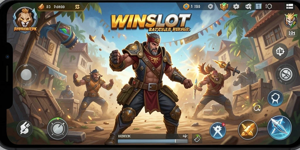 Screenshot gameplay WINSLOT menampilkan aksi pertarungan seru di arena Battle Royale.