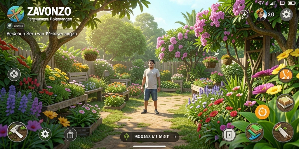 Tampilan screenshot ZAVONZO yang menunjukkan aktivitas berkebun yang seru.