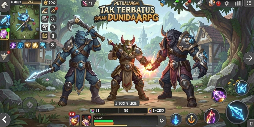 Screenshot utama ZK7 yang menunjukkan pertempuran seru dalam ARPG.